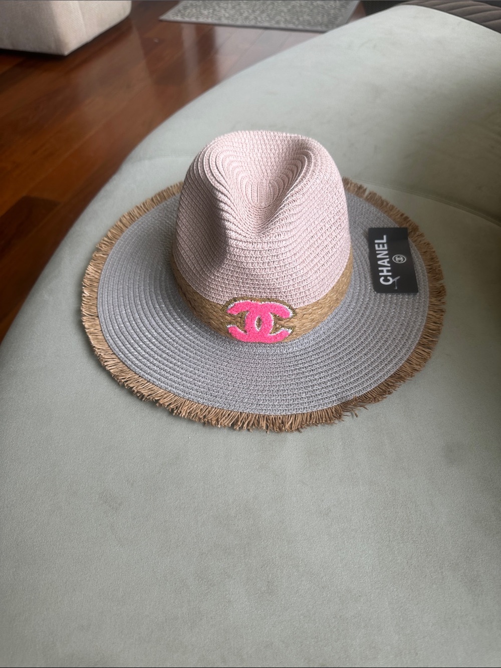 Pink and Gray Straw Fedora with Tan Trim and Pink CC